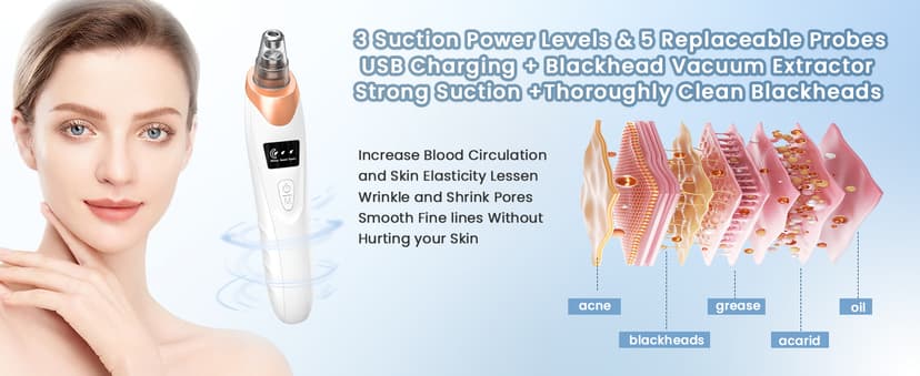Blackhead Remover Pore Vacuum Kit -Blackhead Extractor Tool with 3 Adjustable Suction Levels, 5 Probes, USB Rechargeable, Suitable for Women and Men(White)