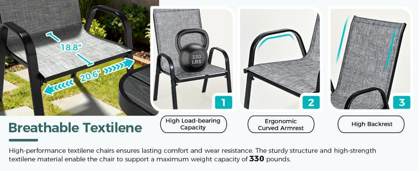 Pamapic Outdoor Dining Sets for 6, Rectangular Steel Slat Table with 6 Textilene Chairs, 7 Piece Patio Table and Chairs Set with Umbrella Hole for Patio, Garden, Backyard and Poolside (Grey)