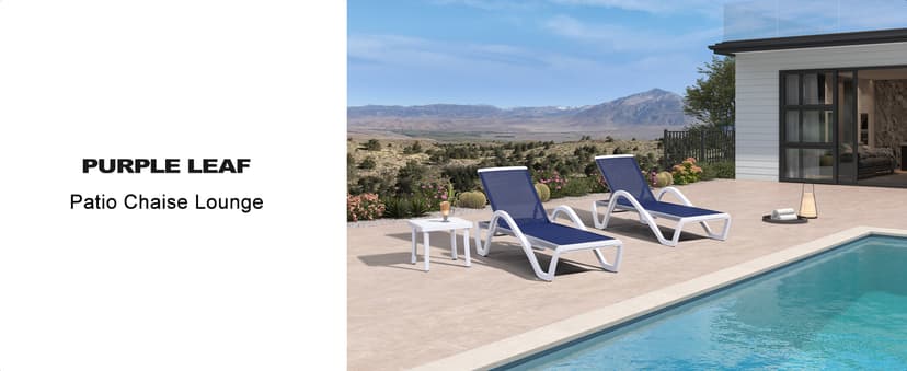 PURPLE LEAF Patio Chaise Lounge Chair Set of 3 Outside Aluminum Plastic Stackable Tanning Chairs with Armrests and Side Table for Pool Sunbathing Beach Deck Outdoor Lounger, Navy Blue