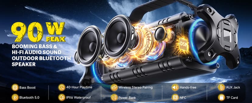 W-KING Bluetooth Speaker, 90W Max Portable Outdoor Speaker Loud, IPX6 Waterproof/50W Deep Bass Subwoofer/40H/EQ/Dual Pairing/TF/AUX, Large Boombox Speakers Bluetooth Wireless for Party/Beach/Jobside