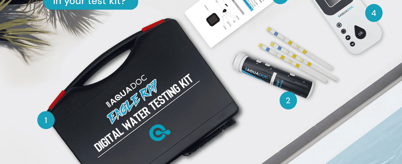 Eagle Ray Digital Water Testing Kit for Spa & Pool - Digital Hot Tub Water Tester by AquaDoc with Analyzer & Hot Tub Test Strips for Chlorine, Bromine, Total Hardness, pH and More