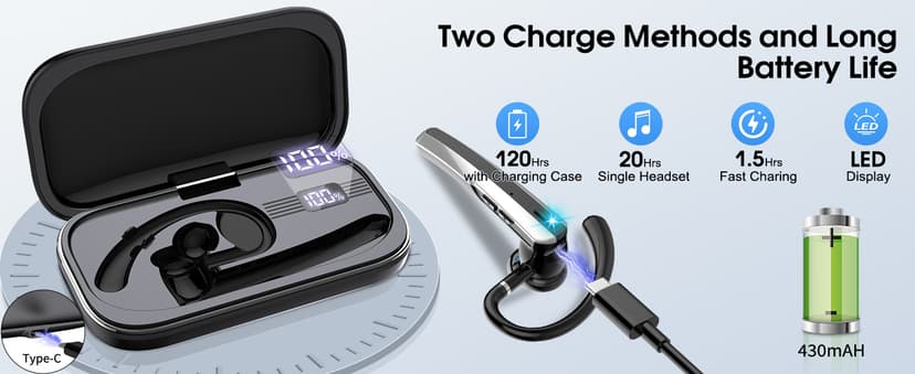 Atheewon Bluetooth Headset V5.3, Wireless Headset with ENC Noise Canceling Mic, 120Hrs Talk Single-Ear Bluetooth Earpiece, LED Display, IP7 Waterproof Hand-Free Earphone for Business/Trucker/Driver