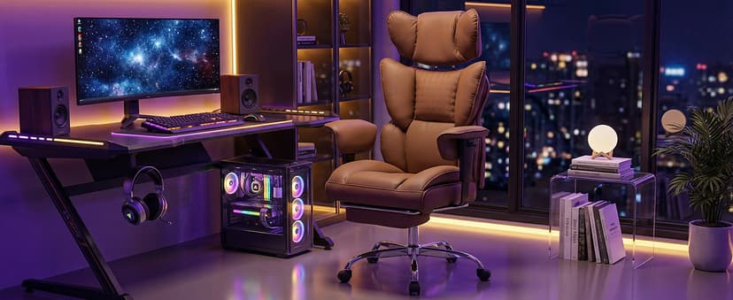DUMOS Big and Tall Home Office Desk Chair, Gaming Computer Chair, Executive Ergonomic Chair with Footrest, High Back Reclining, Adjustable Armrests and Comfy Lumbar Support, PU Leather, Brown