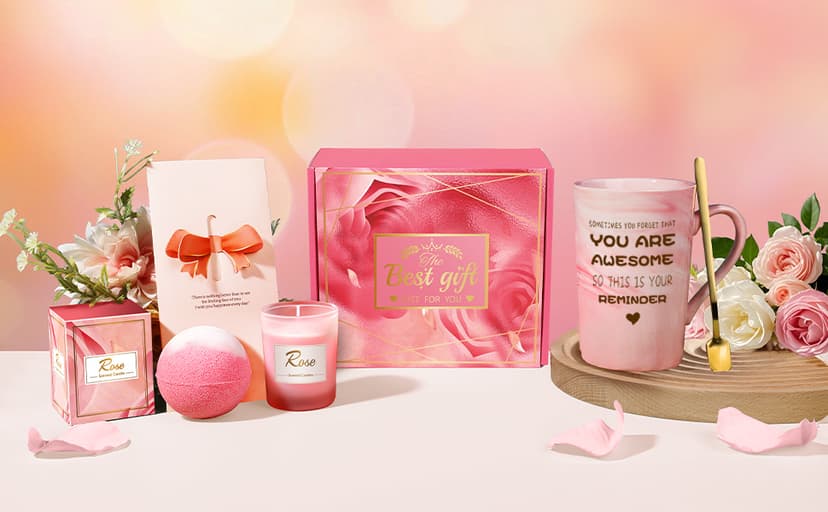 Birthday Gifts for Women, Mom, Sister, Friend: Unique Pink Self Care Spa Relaxation Baskets Set, Christmas, Holiday, Valentines Day Presents for Her, Girlfriend, Grandma, Wife, Bestie, Coworkers