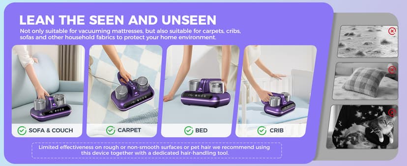 Mattress Vacuum Cleaner - 5-in-1 Cordless Bed Vacuum Cleaner, Powered by UV-C Light & Ultrasonic Technology, 16Kpa Strong Suction,Low Noise,Suitable for Dust, Pet Hair, Etc - Purple