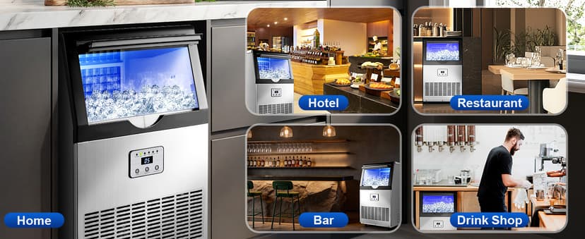 Amzgachfktch Commercial Ice Maker, 100lbs/24H Ice Maker Machine, Auto Self-Cleaning, LED Digital Display, Blue Light, Under Counter/Freestanding Ice Machine for Home/Office/Restaurant/Bar