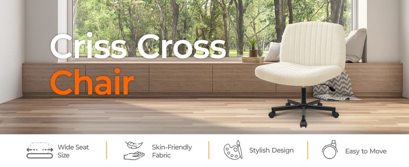 Orange Factory Criss Cross Chair Wheels Wide Cross Legged Office Desk Vanity Chair Comfy Fabric Armless Adjustable Swivel for Home Computer Task (Beige Wheel, Fabric)
