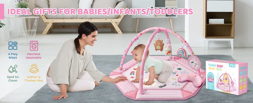 Baby Gym Play Mat, 8-in-1 Tummy Time Mat & Ball Pit with 6 Toys, Washable Baby Activity Mat for Visual, Hearing, Sensory, Motor Development, Babies Gift for Newborn Infant 0-3-6-9-12 Months (Pink)