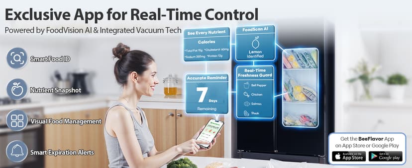 PressFree TRUE-Auto Vacuum Sealer Machine, Beelicious 85KPA Fully Automatic 8-IN-1 Food Sealer with Bags Storage, Build-in Cutter, Moist Mode and Air Suction Hose |Sous Vide | Digital Countdown