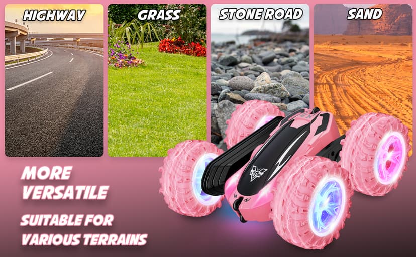 Remote Control Car, 2.4GHz RC Stunt Car, Double Sided 360° Rotating RC Cars with LED Headlight & LED Wheel, High Speed Off Road RC Crawler Xmas Gift for 3 4 5 6 7 8-12 Year Old Girls Toys (Pink)