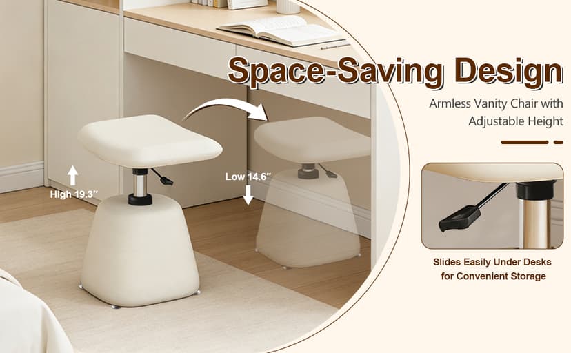 Modern Small Vanity Chair with Armless for Small Space, Entryway, Cute Swivel Makeup Chair with Adjustable Height, PU Leather Upholstered Home Office Desk Chair for Living Room, Bedroom, Vanity