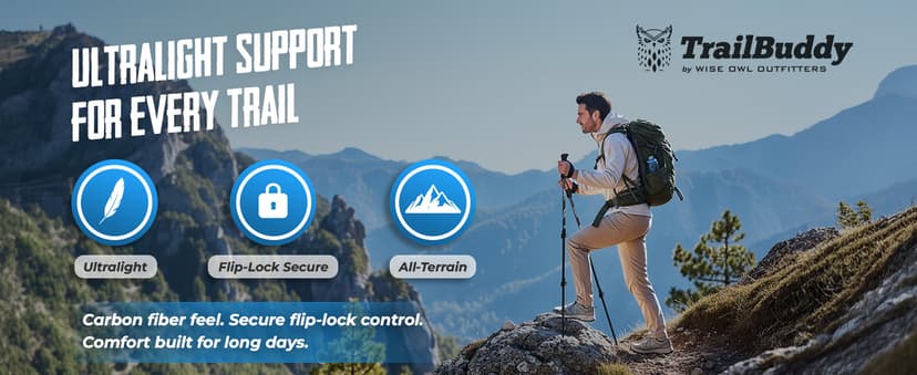 TrailBuddy 3K Carbon Fiber Hiking Poles - Collapsible Lightweight Trekking Poles for Hiking - Adjustable Walking Sticks for Women, Men, Seniors with All-Terrain Tips, Baskets & EVA Grips