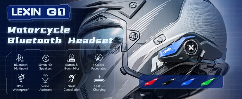 LEXIN G1 Motorcycle Helmet Bluetooth Headset, Helmet Speakers with 2 Type Microphones, Waterproof Motorcycle Headphones with HD Stereo Sound, Hands-Free Call/Music/GPS, 4 Color Faceplates, Single Use