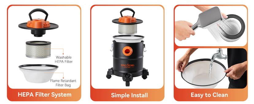 BACOENG Ash Vacuum for Pellet Stoves, Fireplace Ash Vac 5.2 Gallon 1200w with Double Stage Filtration System, Ash Vacuum Cleaner for Fireplaces, Wood Stove, Pellet Grill