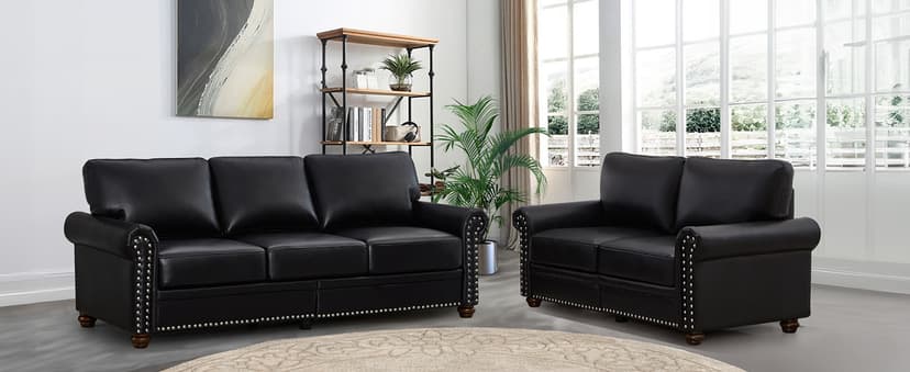 2 Piece Faux Leather Sofa Set,Modern Couch and Loveseat Sets with Storage,Mid Century Couch with Rivet Rolled Arm,Comfy Deep Seat Sofa,Furniture for Living Room,Office(Loveseat+3 Seater,Black)