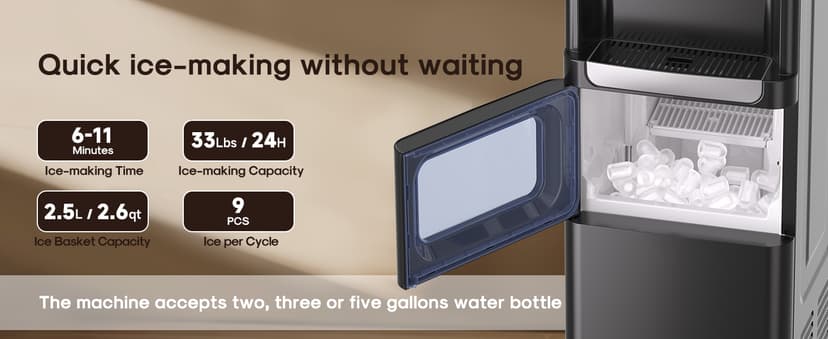 ICEPURE 3-in-1 Water Dispenser with Built-in Ice Maker, Water Cooler Dispenser for 5 Gallon Bottle Top Loading, Hot and Cold Water Dispenser with Child Lock for Home and Office, 33lbs/24H