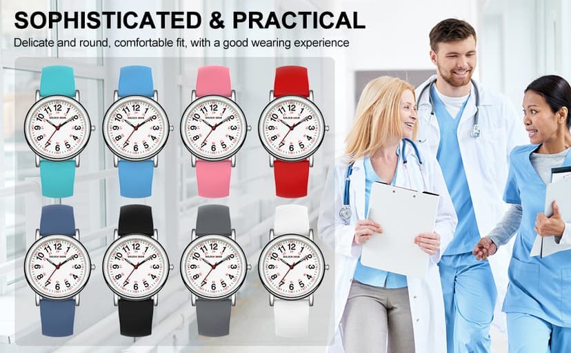 GOLDEN HOUR Waterproof Nurse Watch for Medical Professionals, Students Women Men - Military Time Luminouse Easy Read Dial, 24 Hour with Second Hand, Colorful Silicone Band