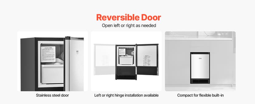 VEVOR Undercounter Built-in Ice Maker, 15 Lbs/Day Under Counter Ice Maker Machine with Reversible Door Stainless Steel, Freestanding Ice Maker for Commercial Home Kitchen, No Drain Required