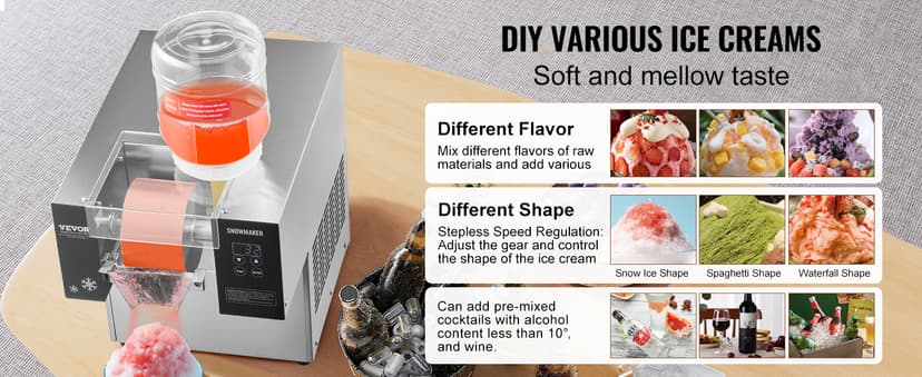 VEVOR Commercial Snowflake Ice Machine, 176.4LBS/24H Snowflake Ice Maker, Stainless Steel Ice Shaver Machine, Electric Snow Cone Maker, Air Cooling System for Rapid Heat Dissipation, for Bakery, Café
