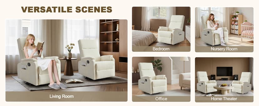 Korser Recliner Chair, Swivel Rocking Recliner Chair for Adults, Glider Rocking Chair, Small Nursery Chair Recliner for Living Room, Reclining Chair with Modern-Designed Armrests, Chenille, Beige