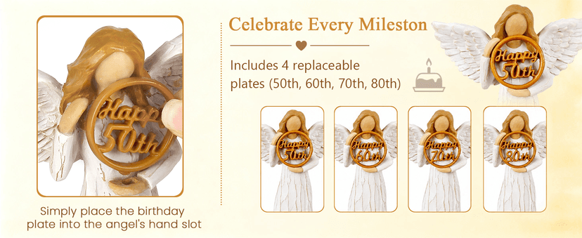 Hand-Painted Resin Angel Figurine with Rose Base, Milestone Birthday Gift for Mom Grandma Wife Sister 50th Birthday Gifts for Women - Replaceable 60th, 70th, 80th Age Plates B0H8CG1828