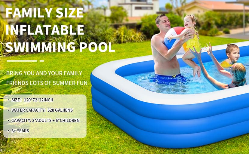 Inflatable Swimming Pool, Blow up Pool, Above Ground Swimming Pool for Family,Pool for Adults 120x 72 x 22 inch Full-Sized Inflatable Pool for Outdoors, Backyard