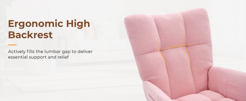 DUMOS Nursery Rocking Chair Teddy Upholstered, Comfy Glider Rocker with High Backrest Armchair Padded Seat, Accent Side Chair for Living Room Bedroom Offices Small Spaces Indoor, Pink