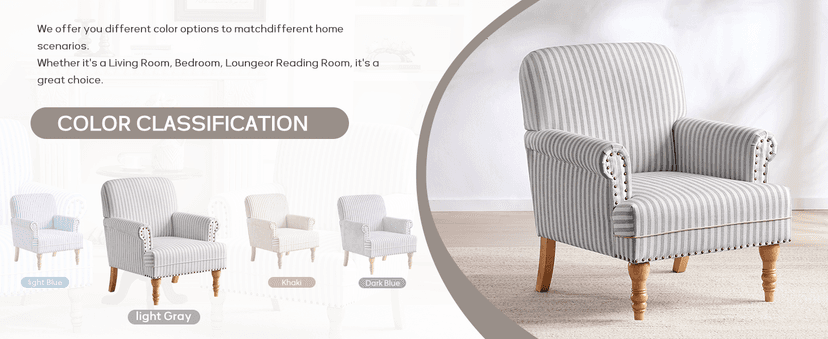 HUIMO Linen Fabric Accent Chair, Mid-Century Modern Armchair with Solid Wood Legs, Single Sofa Chair,Upholstered Reading Club Chair (1, Dark Blue and White Stripe)