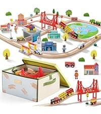 Tiny Land 55PCS Wooden Train Set - Compatible with Major Brand Tracks, Educational Toy for Toddlers & Kids Ages 3-7, Durable Wooden Railway Tracks