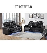 THSUPER Black Leather Power Recliner Sofa Loveseat Sets with Arm Storage and Power Headrest, Leather Living Room Reclining Sofa and Loveseat Set with Cup Holders and Bluetooth Speaker. | Breathable material, LED ambient light, Reading light, Hidden outlet, USB and Type-C port