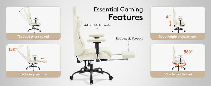 Gaming Chair,Computer Office Chair with Footrest,Massage Lumbar Support and Gel Pad,Ergonomic Reclining Leather Gamer Chair with Headrest,Adjustable Armrests and Spring Cushion Ivory