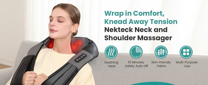 Nekteck Shiatsu Neck Massager for Pain Relief Deep Tissue with Heat, 3D Kneading Massage Pillow Back Shoulder Massagerfor Body Muscle, Plug-in Use for Home Office Car, Gifts for Mom Dad Him Her
