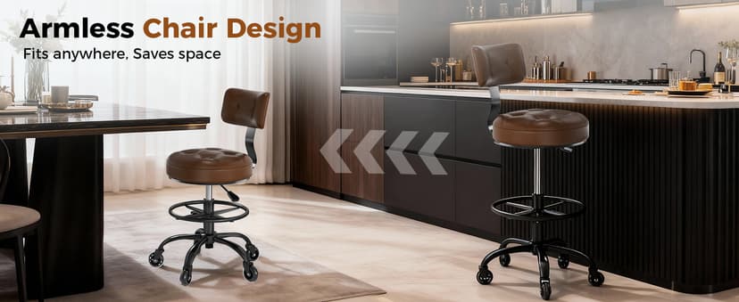Office Drafting Chair with Footrest, Tall Height Adjustable Stool with Back Support, Heavy Duty Rolling Stool Chair with Wheels for Office Home Kitchen Bar Shop Guitar Studio Vanity, Brown