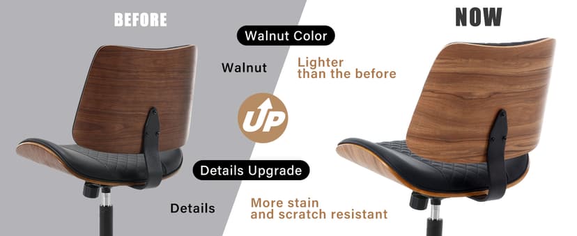 Home Office Chair No Arms with Wheels, Adjustable Height Small Desk Chair, PU Leather Mid Back 360 Swivel Computer Chair, Armless Modern Walnut Chair for Office, Reading Meeting Room(Black)