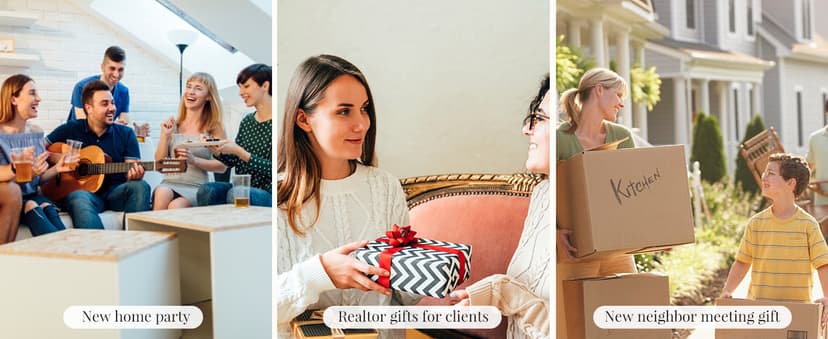 Synhonty New Home Gift Ideas Basket, 11 Pcs: Bamboo Serving Board, Wooden Decoration, Soy Candle, Towels & More - White