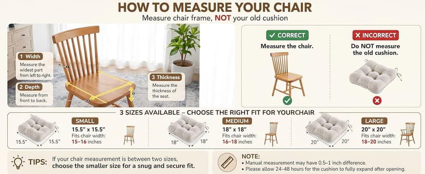 BETU Chair Cushions for Dining Chairs Set of 4,3.5" Thick Kitchen Table Chair Pads with Ties,Non Slip Backing and Covers, Seat Cushion for Dining Room,Bar,Patio Chairs,15.5"X15.5"X3.5",Beige