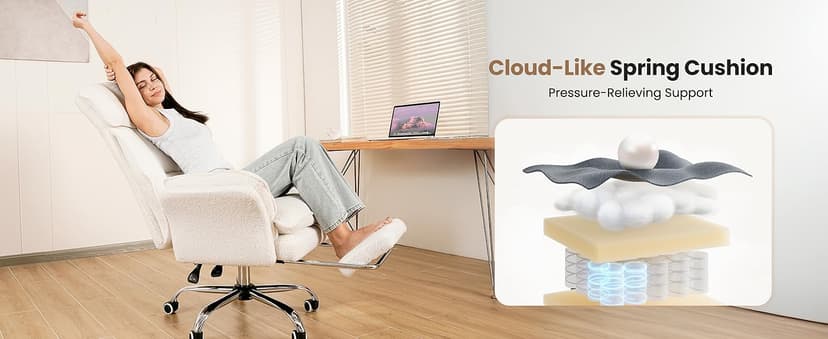 Big and Tall Office Chair, Flip Armrests for Pets & Cross Legged Sitting, Executive Ergonomic Computer Gaming Chair with Foot Rest, Teddy Fleece Wide Seat Reclining Desk Chair, White Vanity Chair