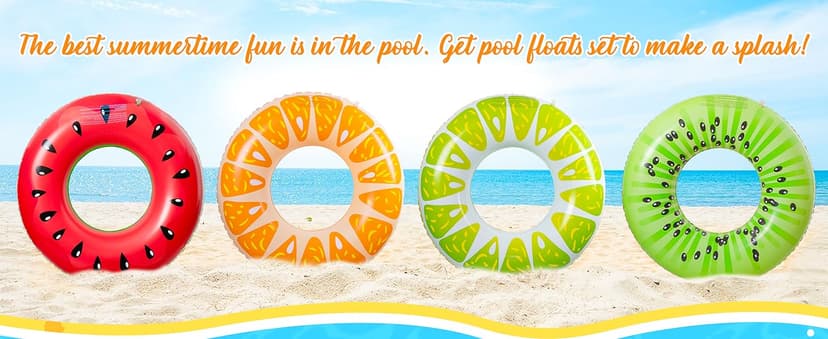 90shine 7PCS Fruit Pool Floats: Watermelon Kiwi Orange Lemon Swimming Rings with 13.5" Beach Balls - Inflatable Tubes Floaties Toys for Kids Adults