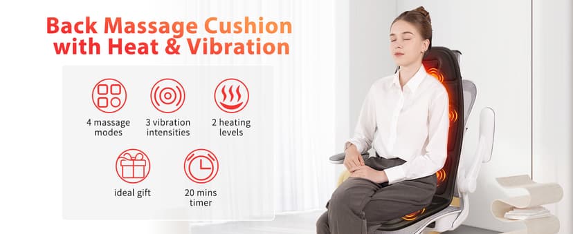 Back Massager with Heat, Massage Chair Pad with 5 Modes & 2 Heat Levels for Back & Thighs, Back Massage Pad for Office & Home Chairs, Matte Black