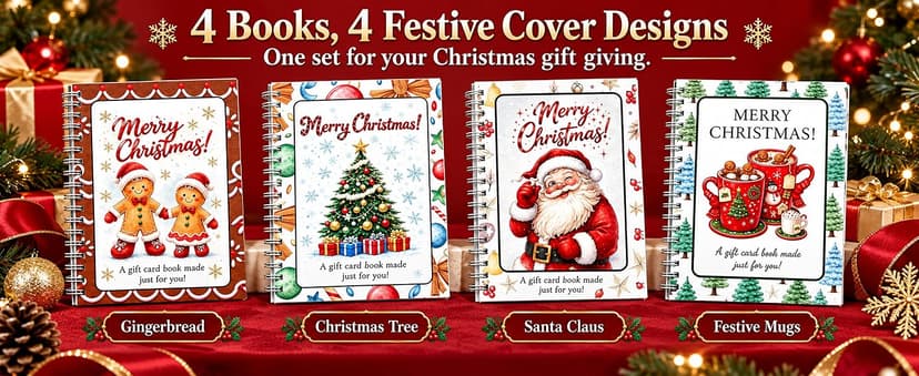 4 spiral-bound Christmas gift card books in 4 designs; each has 10 interior sheets plus front and back covers. DOTH Christmas Gift Card Book, 4 Pack, Spiral Bound for Holiday Gift Giving B0HJCRRFKL