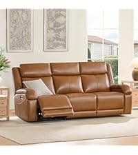Watson & Whitely Genuine Leather Power Recliner Sofa, 3 Seater Wall Hugger Reclining Sofas with Power Headrest, USB & TypeC Ports, Electric Recliner Couch Set for Living Room, Saddle Brown