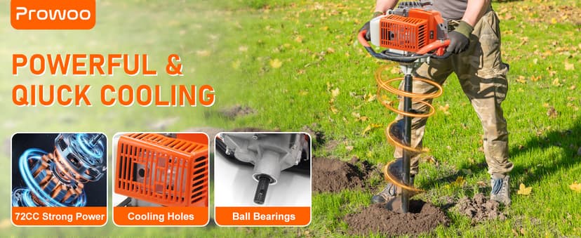 72CC Auger Post Hole Digger, 2 Stroke Gas Powered Earth Post Hole Digger with 2 Auger Drill Bits(6" & 8") + 1 Extension Rods for Farm Garden Plant, Orange (72CC)
