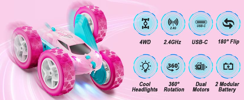 RC Cars, Pink Remote Control Car for Girls, 2.4 GHZ Double Sided RC Stunt Car 360° Rotating Remote Control Crawler with Headlights Car Toys for 6 7 8 9 10 11 12 Girls Birthday Gift Grandkids