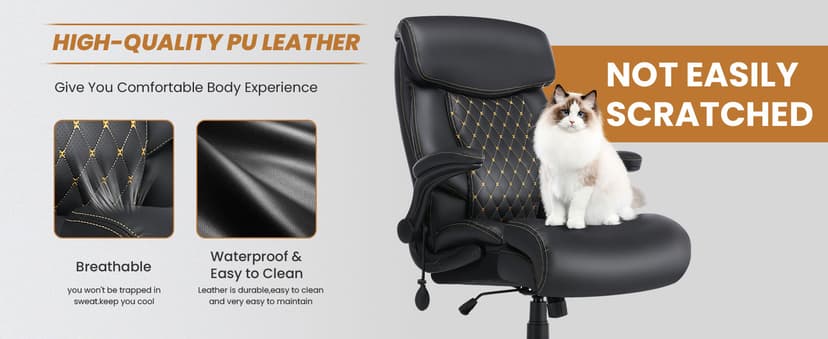 550LBS Big and Tall Office Chair for Heavy People,Ergonomic Office Chair with Padded Flip-Up Arms and Adjustable Lumbar Support,High Back Executive Leather Desk Chair with Rocking Function