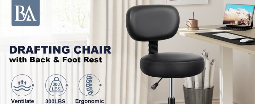 Brick Attic Drafting Chair with Backrest – Adjustable Foot Rest Rolling Stool with Wheels, PU Leather Swivel Stool for Office Spa Studio Lab Counter Salon Home Work Bar Kitchen Shop(Black)