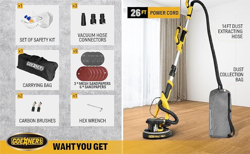 Drywall Sander, 6.5-amp Powerful Electric Drywall Sander with Vacuum, Anto Dust Removal, 7 Variable Speed, 900-1800RPM, Dustless Floor Sander with 26’ Power Cord for Popcorn Ceiling