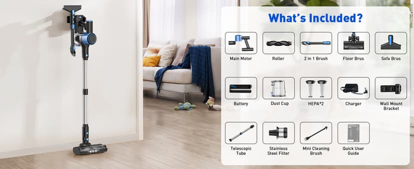 Cordless Vacuum Cleaner, 8 in 1 Powerful Suction Lightweight Vacuum Cleaner for Home, LED Display, 3 Suction Modes, 45Mins Detachable Battery Vacuum for Hard Floor Carpet Pet Hair