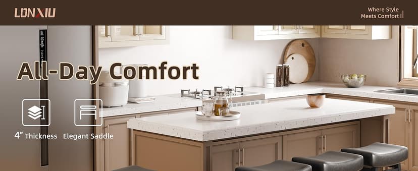Counter Height Bar Stools Set of 2, 24 Inch Backless BarStools for Kitchen Island Leather Saddle Bar Chairs Kitchen Stools with 4" Thick Seats & Heavy Duty Metal Base, Black