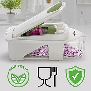 Mueller Pro-Series All-in-One, 12 Blade Mandoline Slicer for Kitchen, Food Chopper, Cucumber Slicer and Spiralizer, Cutter, Dicer, Grater, Gifts for Mom, Kitchen Essentials, White Sand/Green