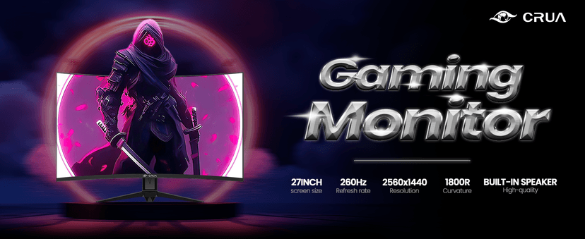 CRUA 27'' Curved Gaming Monitor 260Hz/240Hz, QHD 1440P 1800R VA Panel Computer Monitor with Built-in Speakers, Support AMD FreeSync, 120% sRGB, Blue Light Filter, HDMI2.0 & DP1.4, Wall Mountable-Black